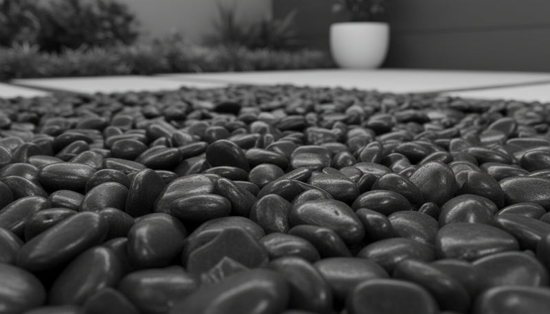 Close-up of Black Stone Polished 1.2 - 1.6CM (1/2 - 5/8 Inch) Small Black Ultra Pebbles, in Black tones.