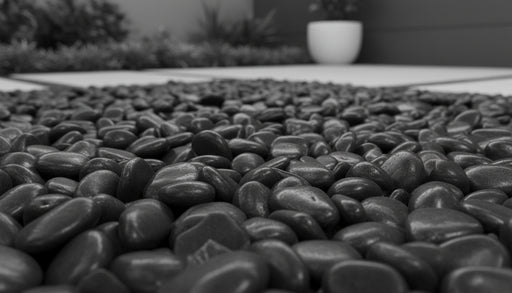 Close-up of Black Stone Polished 1.2 - 1.6CM (1/2 - 5/8 Inch) Small Black Ultra Pebbles, in Black tones.