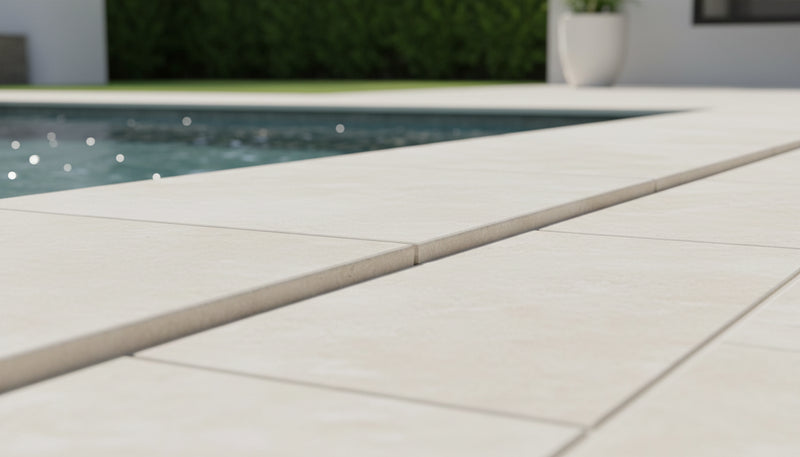 Close-up of Natural Verona Marble Leather (Sandblasted & Brushed) 12 x 24 x 2 Modern Coping, in Natural tones.