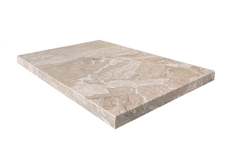 Close-up of Natural Verona Marble Leather (Sandblasted & Brushed) 16 x 24 x 2 Double Modern Coping, in Natural tones.