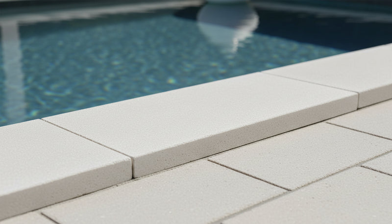 Close-up of Antalya Cream Marble Leather (Sandblasted & Brushed) 12 x 24 x 2 Modern Coping, in Cream tones.