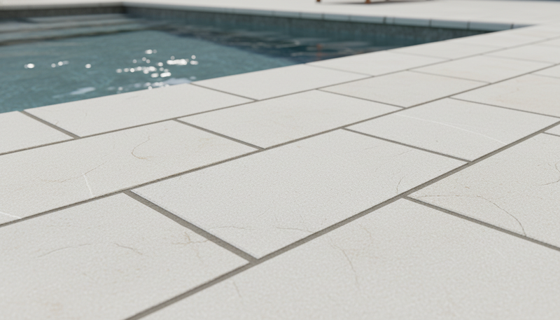 Close-up of Antalya Cream Marble Leather (Sandblasted & Brushed) 16 x 24 x 2 Modern Coping, in Cream tones.