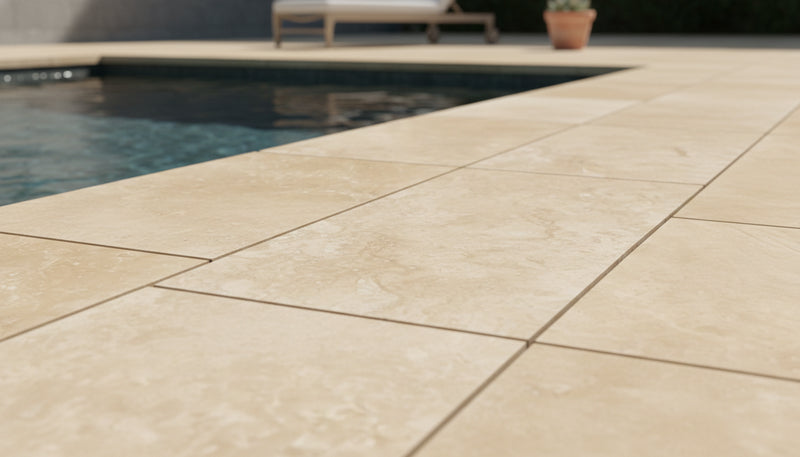 Close-up of Ivory Cordoba Cream Travertine Tumbled 12 x 24 x 2 Modern Coping, in Ivory tones.
