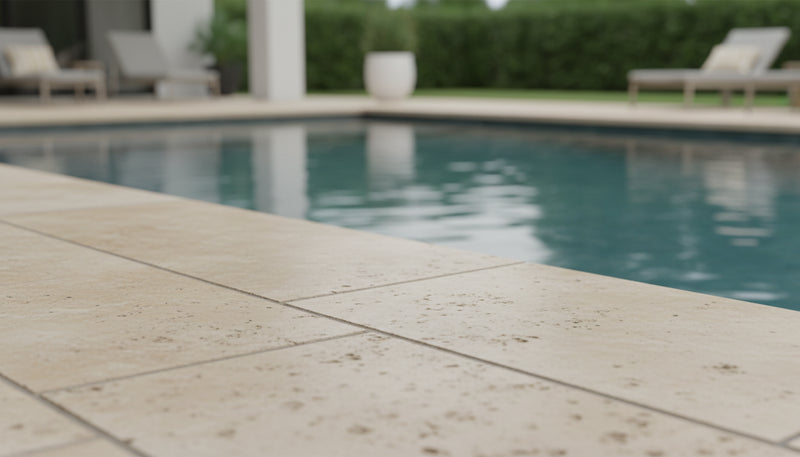 Close-up of Chocolate Brown Walnut Travertine Tumbled 12 x 24 x 2 Modern Coping, in Brown tones.