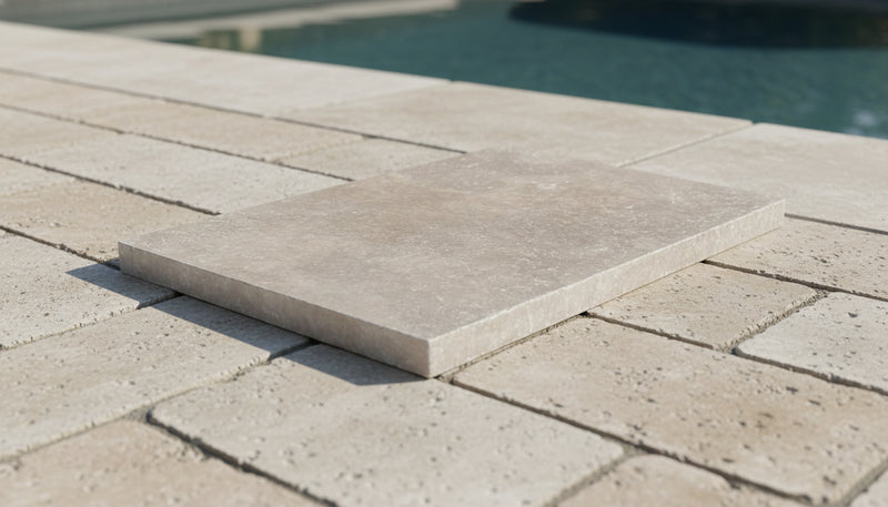 Close-up of Chocolate Brown Walnut Travertine Tumbled 16 x 24 x 2 Modern Coping, in Brown tones.