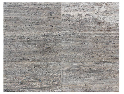 Close-up of Silver Travertine Tumbled 12 x 24 x 2 Modern Coping, in Silver tones.
