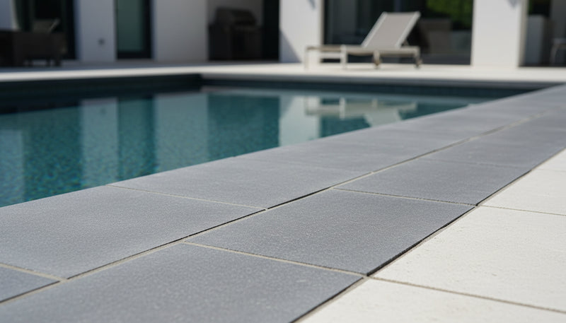 Close-up of Indian Black Limestone Tumbled & Brushed 12 x 24 x 2 Modern Coping, in Black tones.