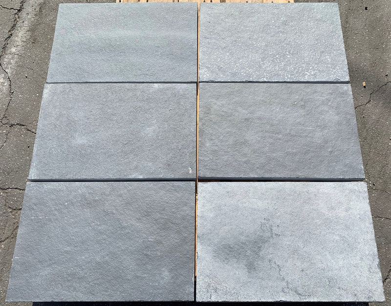 Close-up of Indian Black Limestone Tumbled & Brushed 16 x 24 x 2 Modern Coping, in Black tones.