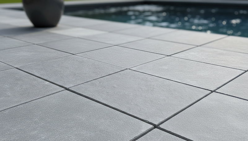 Close-up of Indian Black Limestone Tumbled & Brushed 16 x 24 x 2 Modern Coping, in Black tones.