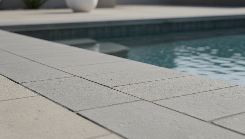 Close-up of Natural Aqua Dolce Sandstone Flamed 12 x 24 x 2 Modern Coping, in Natural tones.