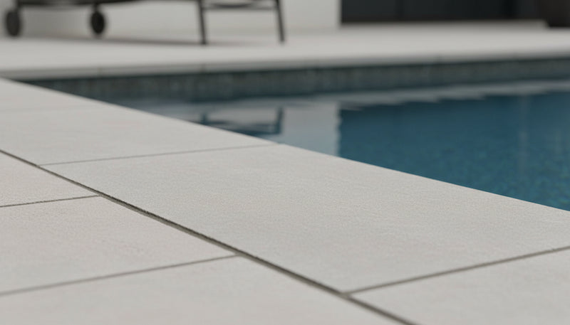 Close-up of Natural Aqua Dolce Sandstone Flamed 16 x 24 x 2 Modern Coping, in Natural tones.