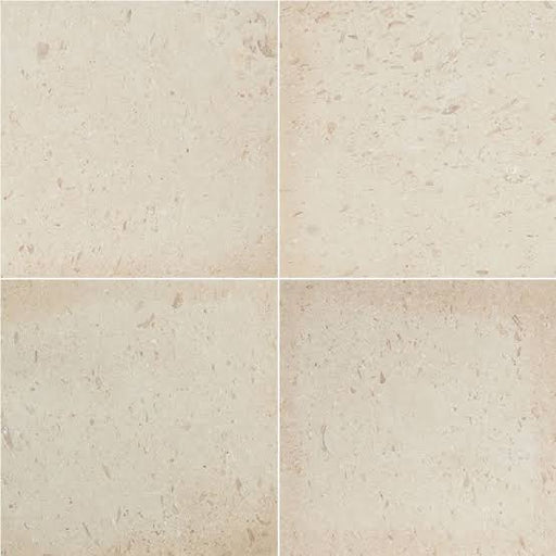 Four Pearl 16x16 tumbled limestone pavers in a light cream shade with subtle natural markings.