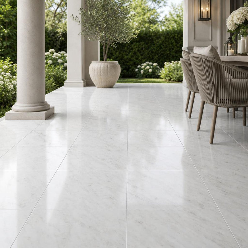 Pearl White Marble Tile 18x18 Polished — Covered Patio floor