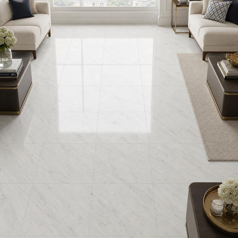 Pearl White Marble Tile 18x18 Polished — Family Room floor