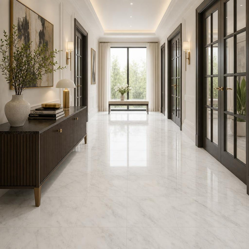 Pearl White Marble Tile 18x18 Polished — Hallway floor