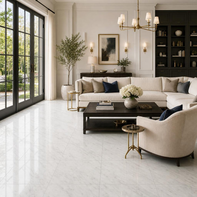 Pearl White Marble Tile 18x18 Polished — Living Room floor