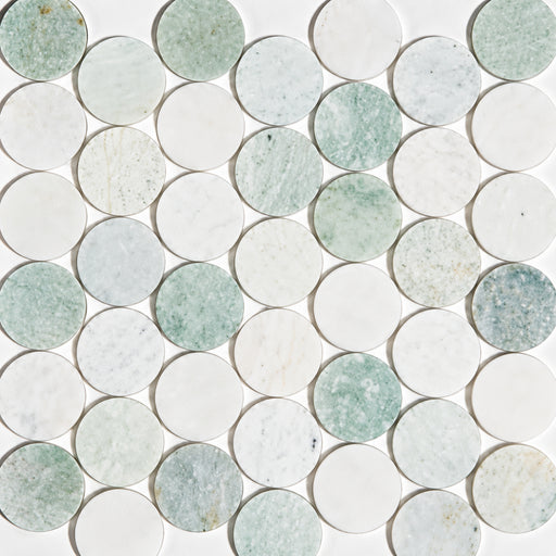Pale green and white penny round marble mosaic with natural veining and circular tiles.