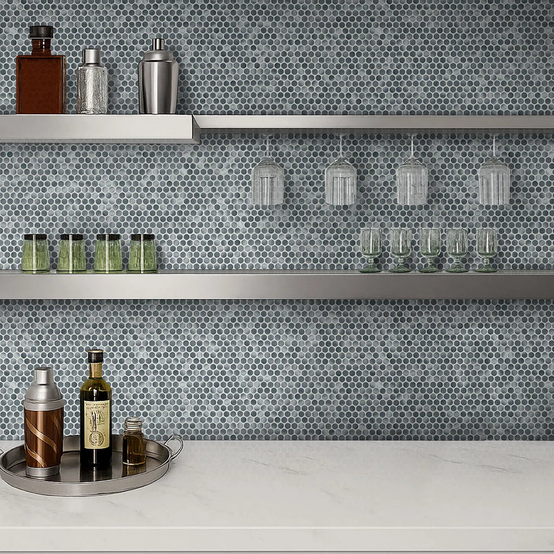 Penny Round Grigio Mix Pattern Glossy 0.24 Inch Porcelain Mosaic Tile