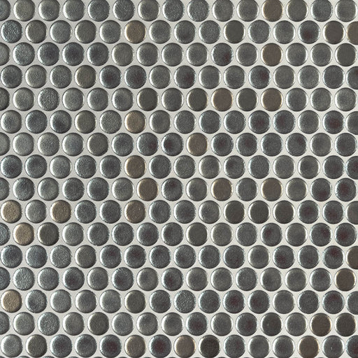 Penny Round Metallico glossy 0.24-inch glass mosaic tile sheet with metallic gray round pieces.
