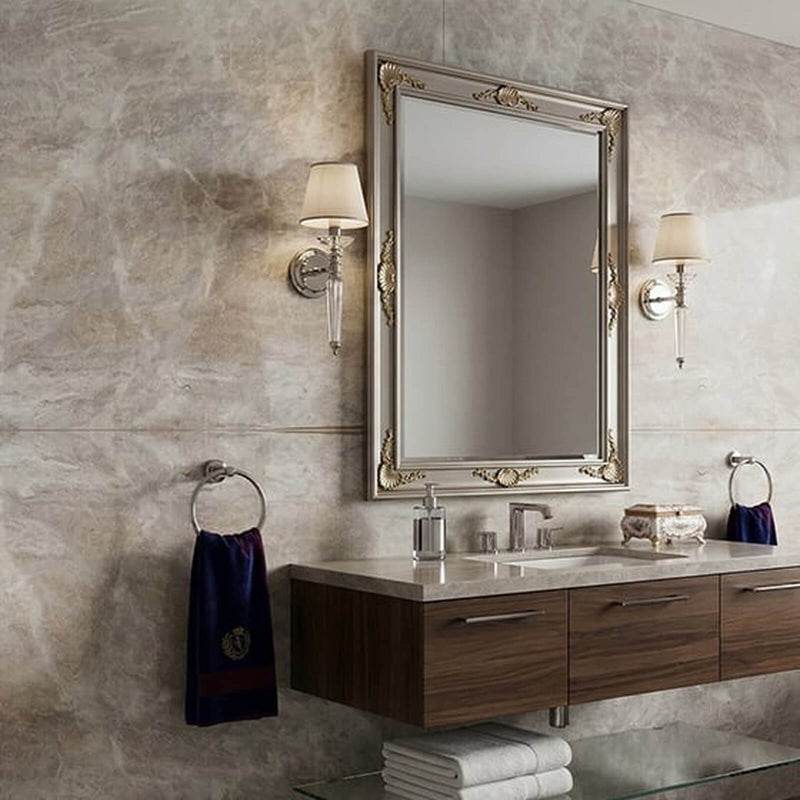 Perla Murano honed quartzite bathroom walls and vanity countertop with taupe and gray veining.