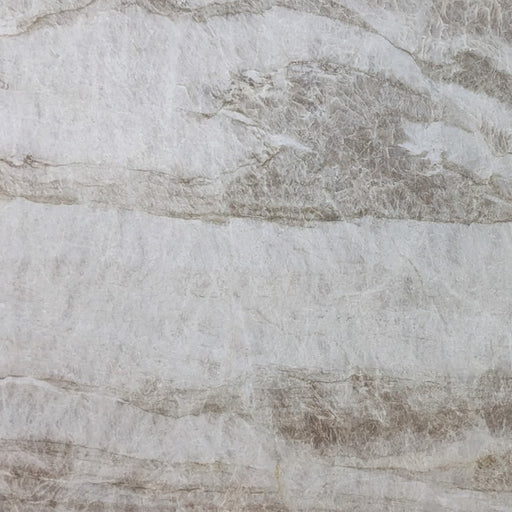 Perla Santana quartzite with a light grey base and flowing taupe veins.