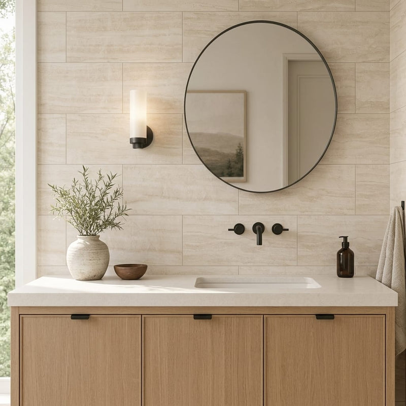 Perla Taj 12x24 Porcelain Tile — Bathroom vanity wall