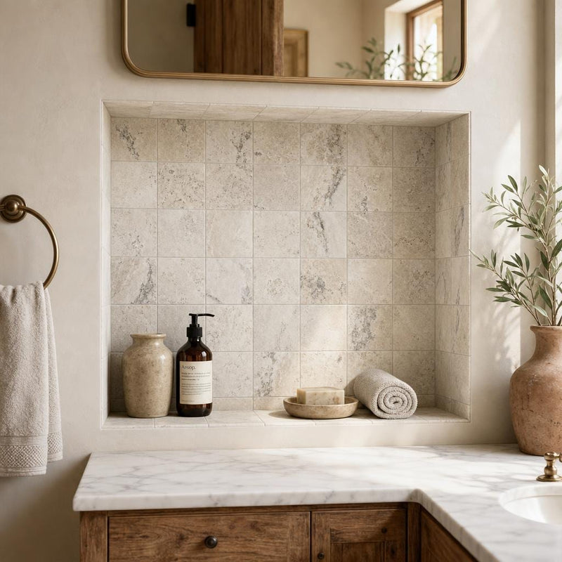 Philadelphia 04x04 Tumbled Travertine Tile 4x4 — Bathroom niche