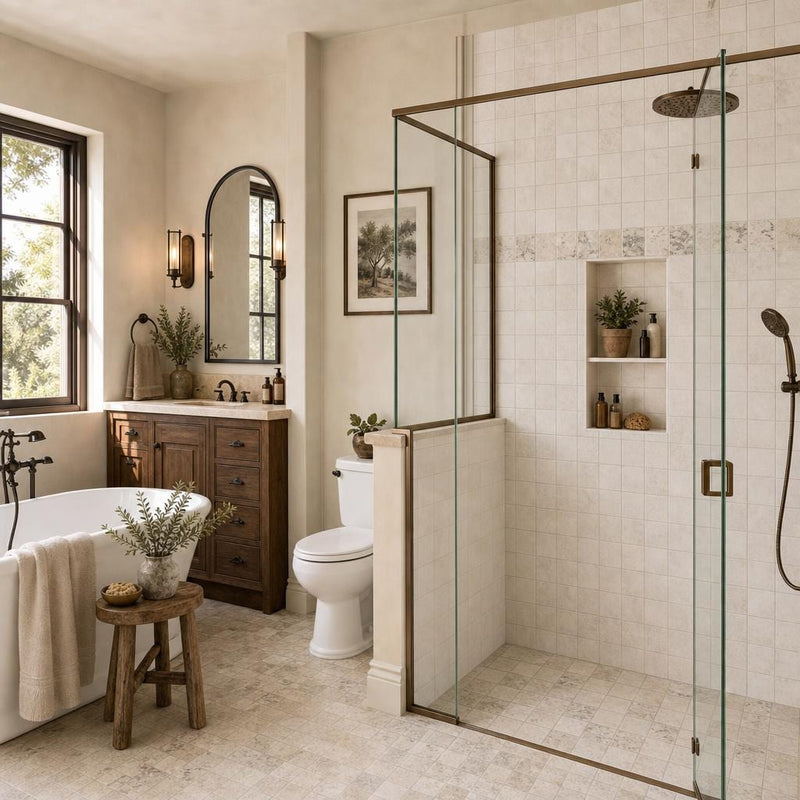 Philadelphia 04x04 Tumbled Travertine Tile 4x4 — Bathroom shower wall accent band