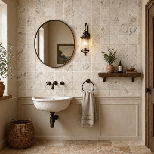 Philadelphia 04x04 Tumbled Travertine Tile 4x4 — Powder Room wall