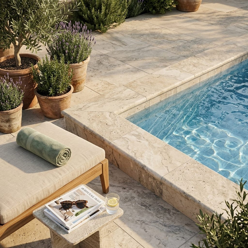 Philadelphia 12x24 Tumbled Travertine Single Bullnose Pool Coping — Swimming Pool pool edge drop-face coping