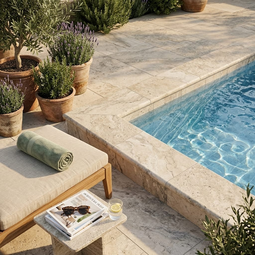 Philadelphia 12x24 Tumbled Travertine Single Bullnose Pool Coping — Swimming Pool pool edge drop-face coping