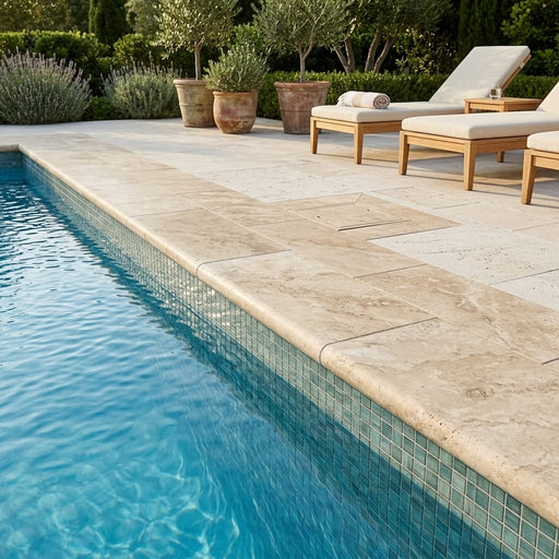 Philadelphia 12x24x2 Tumbled Travertine Single Bullnose Pool Coping — Swimming Pool remodel pool edge