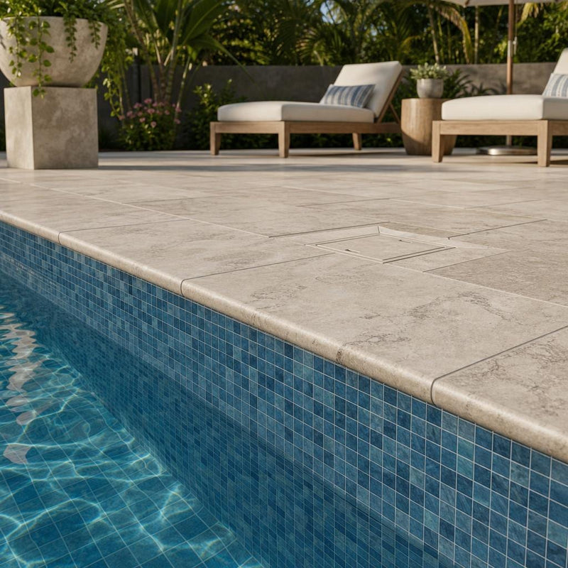 Philadelphia 12x24x2 Tumbled Travertine Single Bullnose Pool Coping — Swimming Pool remodel pool edge