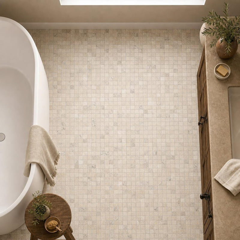 Philadelphia 1x1 Tumbled Travertine Mosaic Tile — Bathroom floor