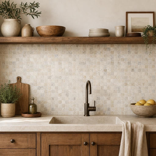Philadelphia 1x1 Tumbled Travertine Mosaic Tile — Kitchen backsplash