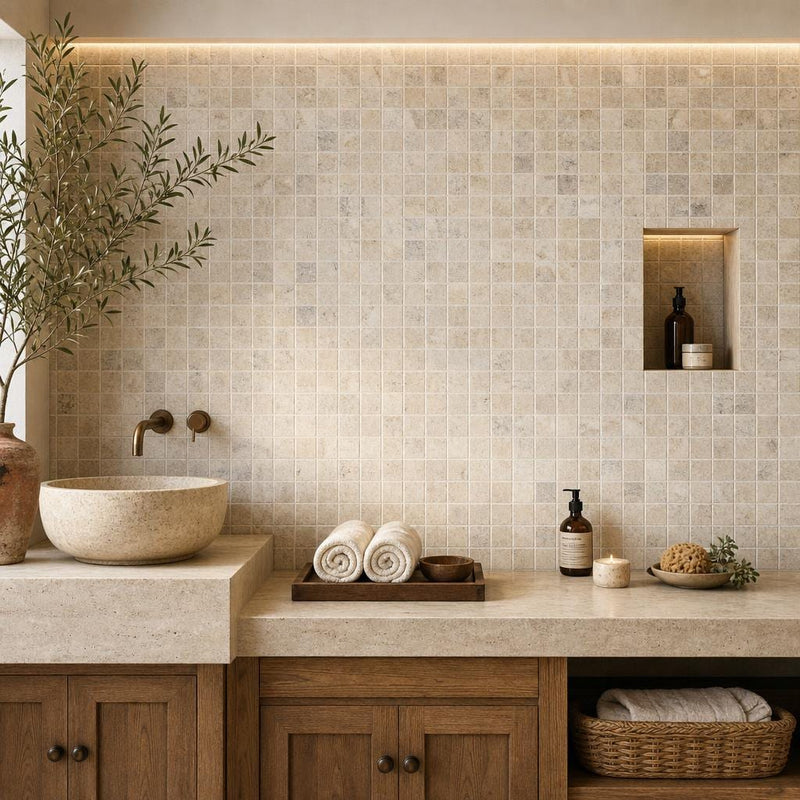 Philadelphia 1x1 Tumbled Travertine Mosaic Tile — Spa spa interior