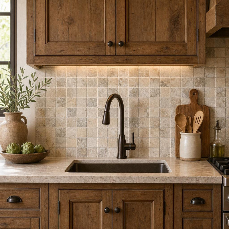 Philadelphia 2x2 Tumbled Travertine 3D Mosaic Tile — Kitchen backsplash