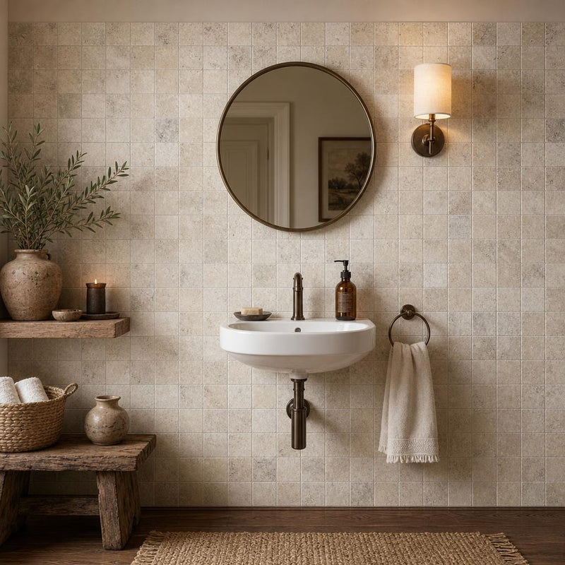 Philadelphia 2x2 Tumbled Travertine 3D Mosaic Tile — Powder Room wall