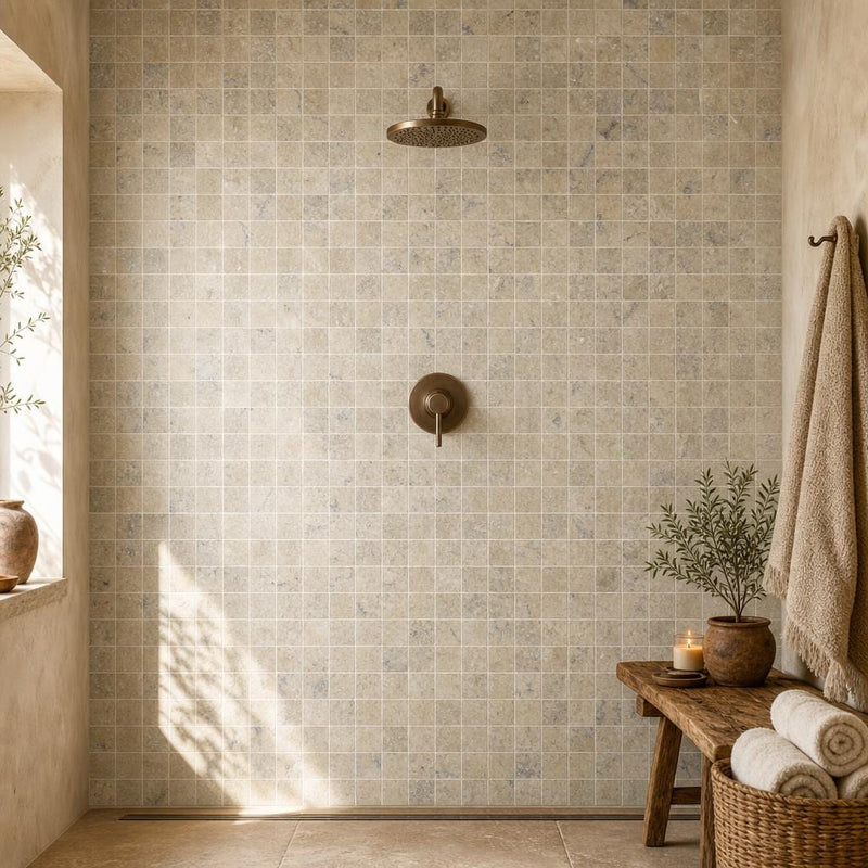 Philadelphia 2x2 Tumbled Travertine 3D Mosaic Tile — Spa spa interior