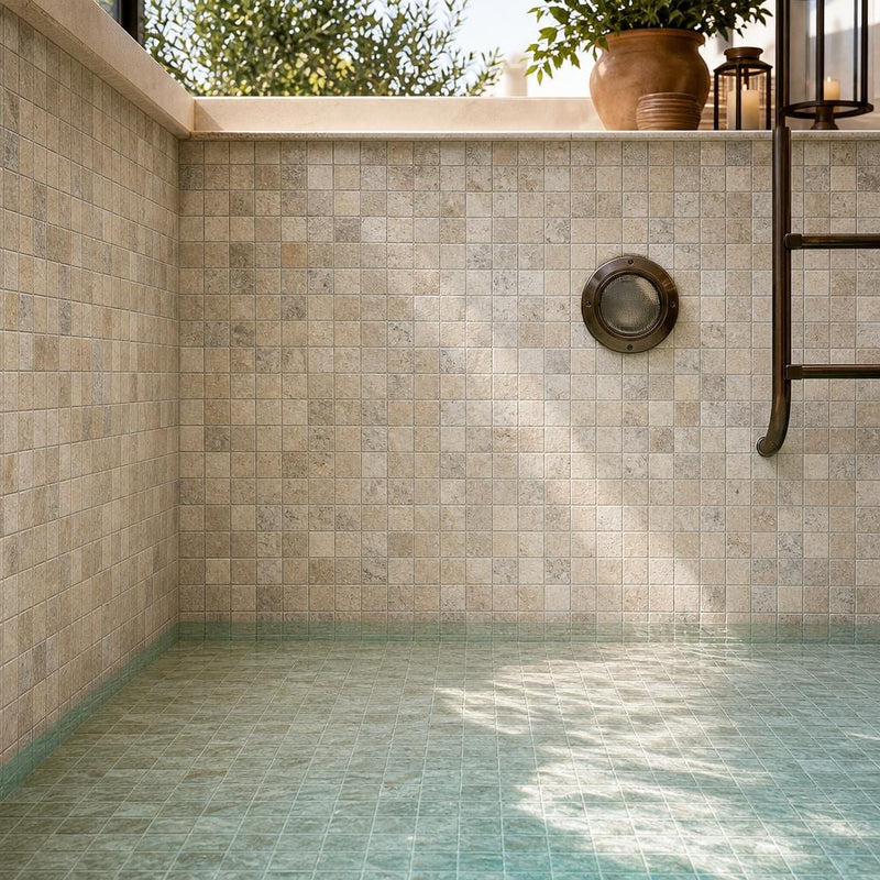 Philadelphia 2x2 Tumbled Travertine 3D Mosaic Tile — Swimming Pool pool interior tiling