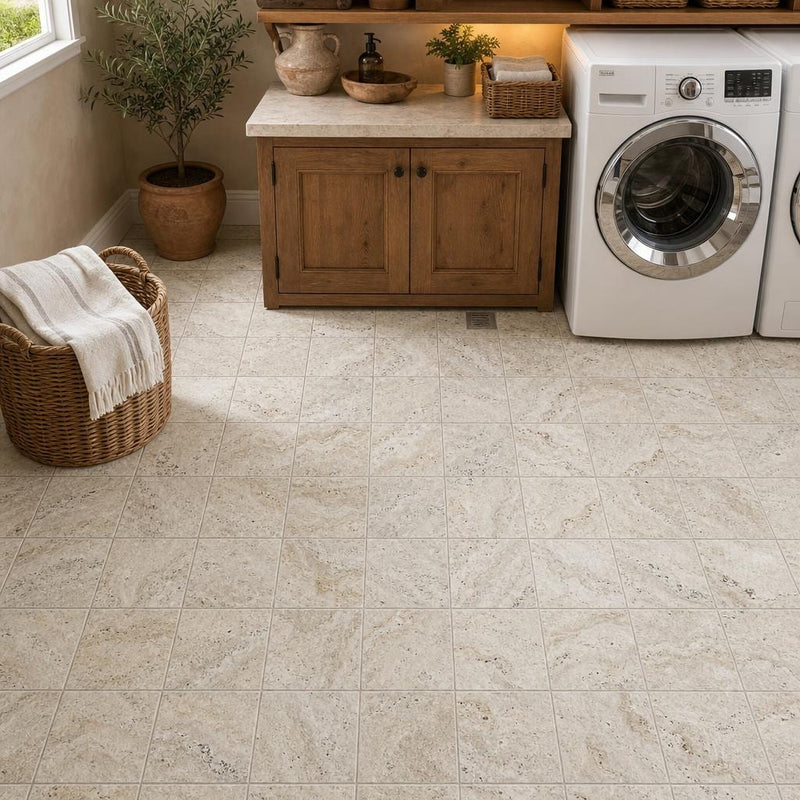 Philadelphia 6x6 Tumbled Travertine Tile — Laundry Room floor