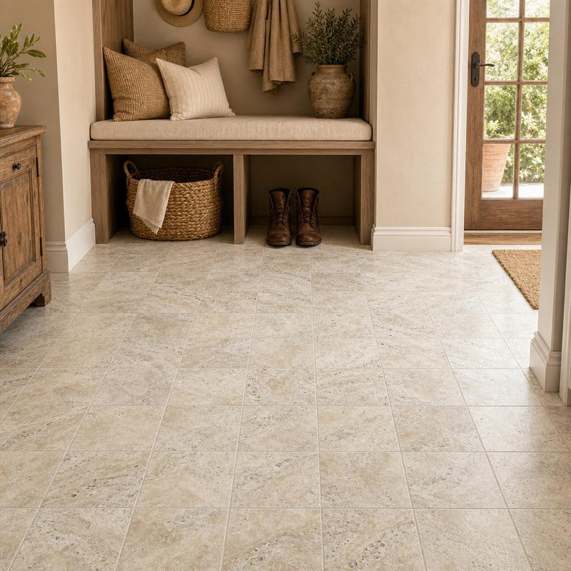 Philadelphia 6x6 Tumbled Travertine Tile — Mudroom floor