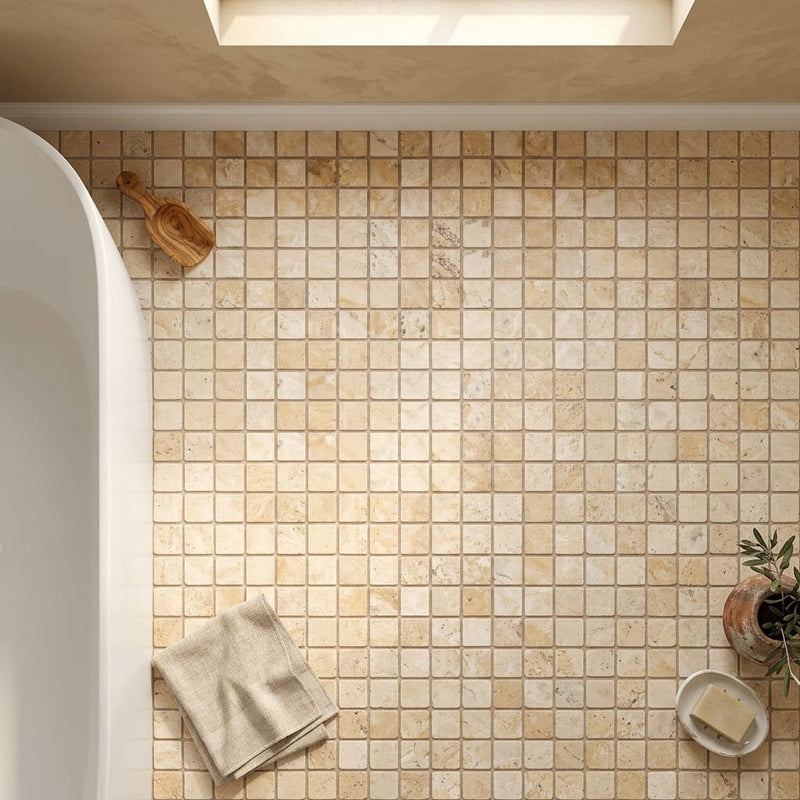Philadelphia Travertine 1x1 Tumbled Travertine Mosaic — Bathroom floor