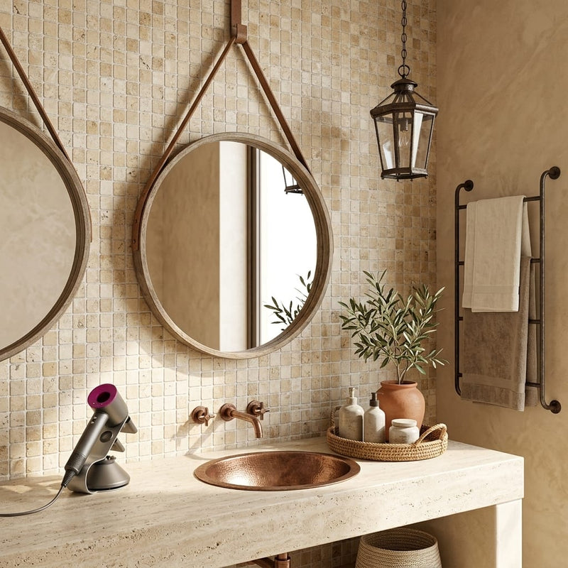 Philadelphia Travertine 1x1 Tumbled Travertine Mosaic — Bathroom shower wall