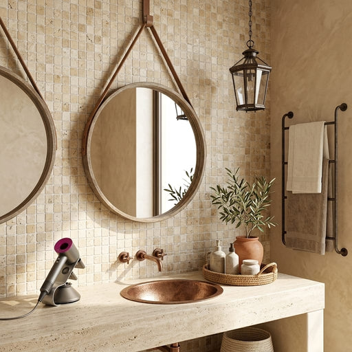 Philadelphia Travertine 1x1 Tumbled Travertine Mosaic — Bathroom shower wall