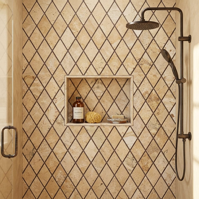 Philadelphia Travertine 1x2 Tumbled Travertine Diamond / Rhomboid Mosaic — Bathroom shower wall