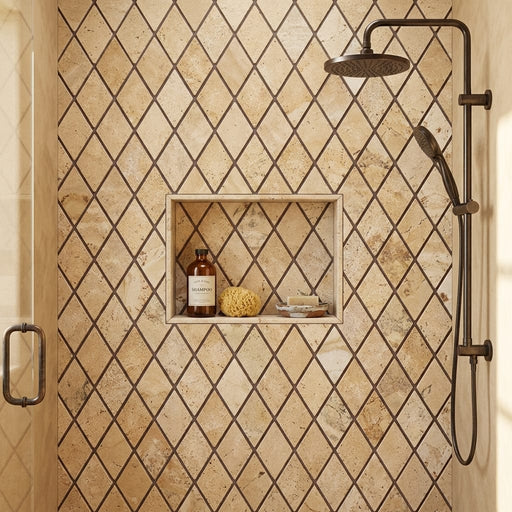 Philadelphia Travertine 1x2 Tumbled Travertine Diamond / Rhomboid Mosaic — Bathroom shower wall
