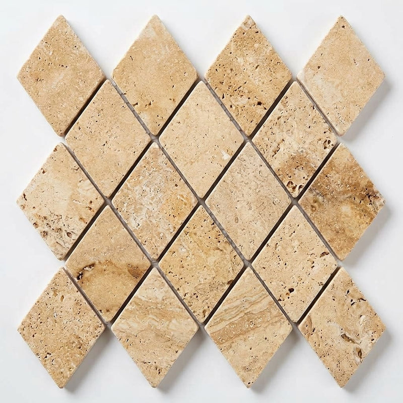 Philadelphia Travertine 1x2 Tumbled Travertine Diamond / Rhomboid Mosaic close-up