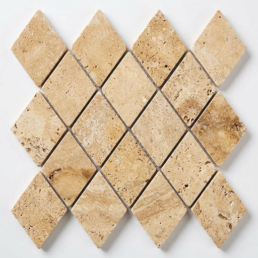 Philadelphia Travertine 1x2 Tumbled Travertine Diamond / Rhomboid Mosaic close-up