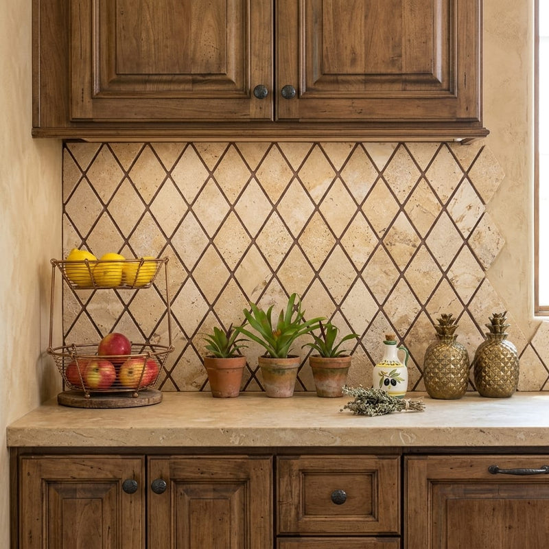 Philadelphia Travertine 1x2 Tumbled Travertine Diamond / Rhomboid Mosaic — Kitchen backsplash